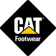 Cat footwear logo on a white background featuring work shoes.