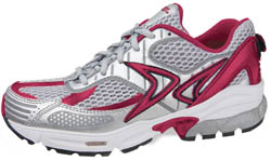 A running shoe with silver and pink accents designed for women.