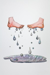 An illustration of feet and water