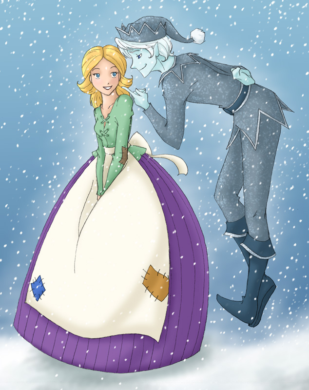 A girl in a dress is kissing a boy in the snow.