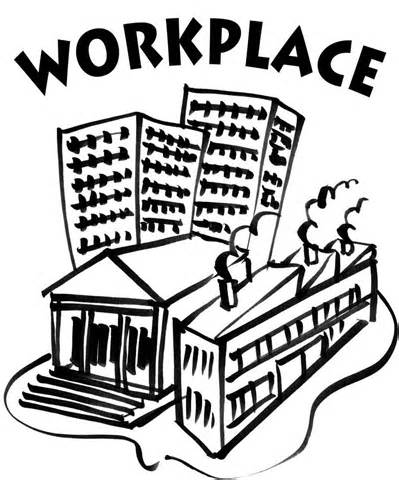 A black and white drawing of the word workplace, emphasizing footwear safety.