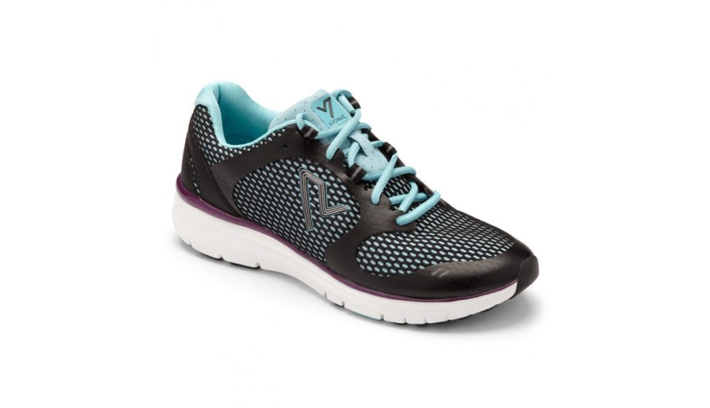 An athleisure active sneaker in black and turquoise.