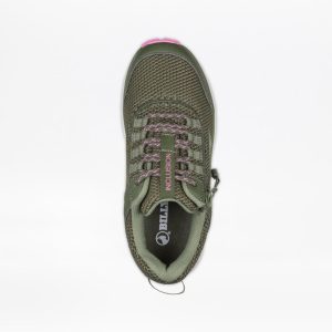 Green athletic shoe with pink accents.