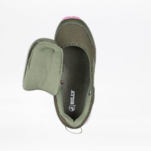 Green slip-on shoe with zipper pocket.